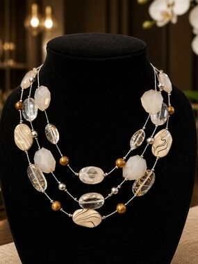 Triple Strand Mixed Bead Necklace in Cream, Gold and Clear